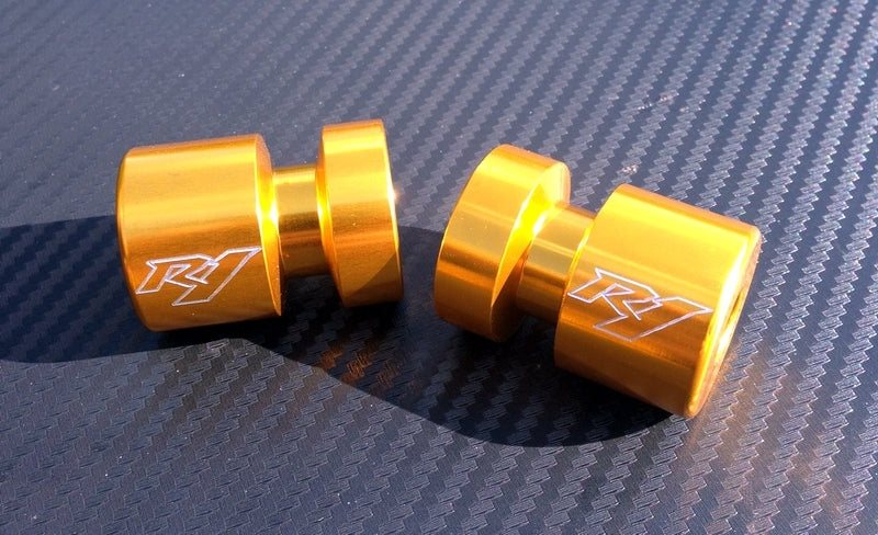 GOLD R1 Engraved Billet Swingarm Spools / Sliders / Bobbins 6mm Yamaha M6