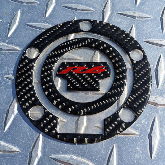 REAL Carbon Fibre Yamaha R6 Fuel / Gas Cap Cover Tank Pad Decal - Red Logo