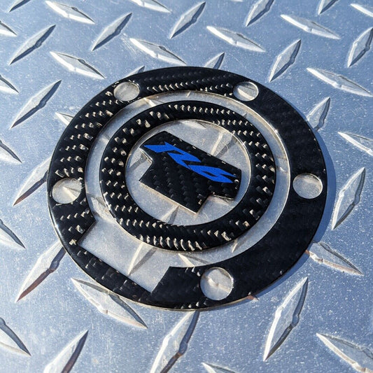 REAL Carbon Fibre Yamaha R6 Fuel / Gas Cap Cover Tank Pad Decal - Blue Logo
