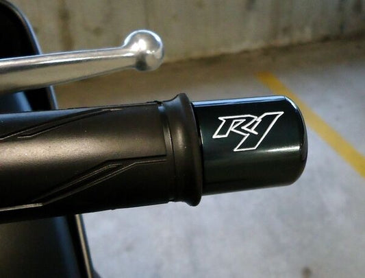Yamaha R1 Logo Engraved BLACK Anodized Bar Ends / Sliders YZF-R1 R1S R1M