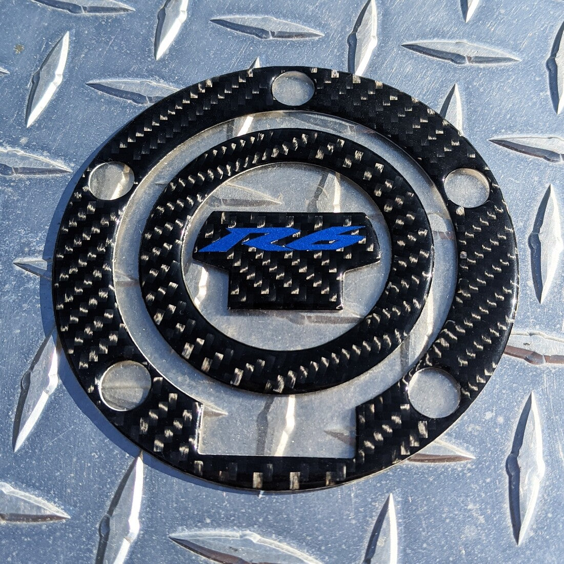 REAL Carbon Fibre Yamaha R6 Fuel / Gas Cap Cover Tank Pad Decal - Blue Logo